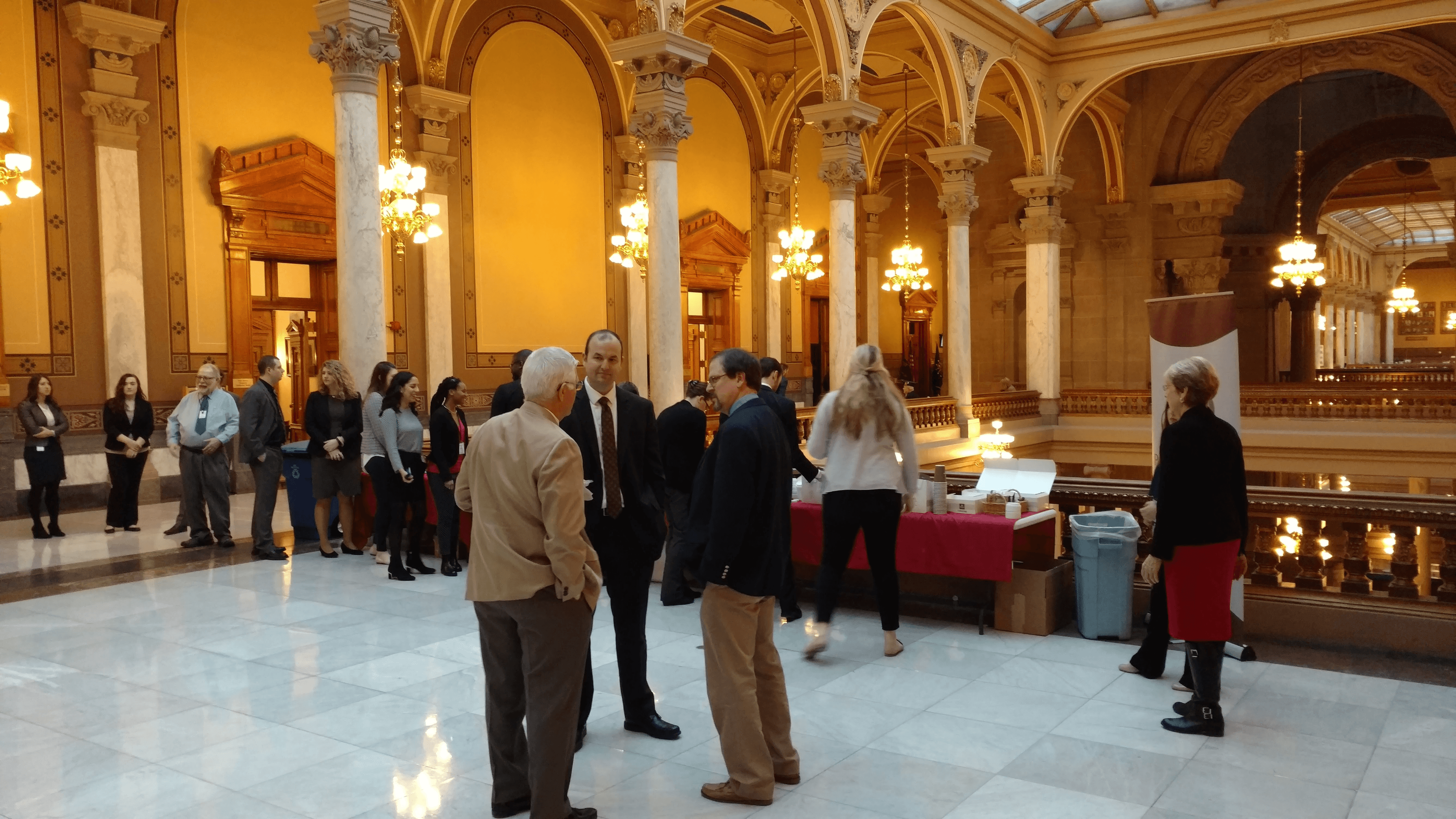 Men talking at indiana Statehouse