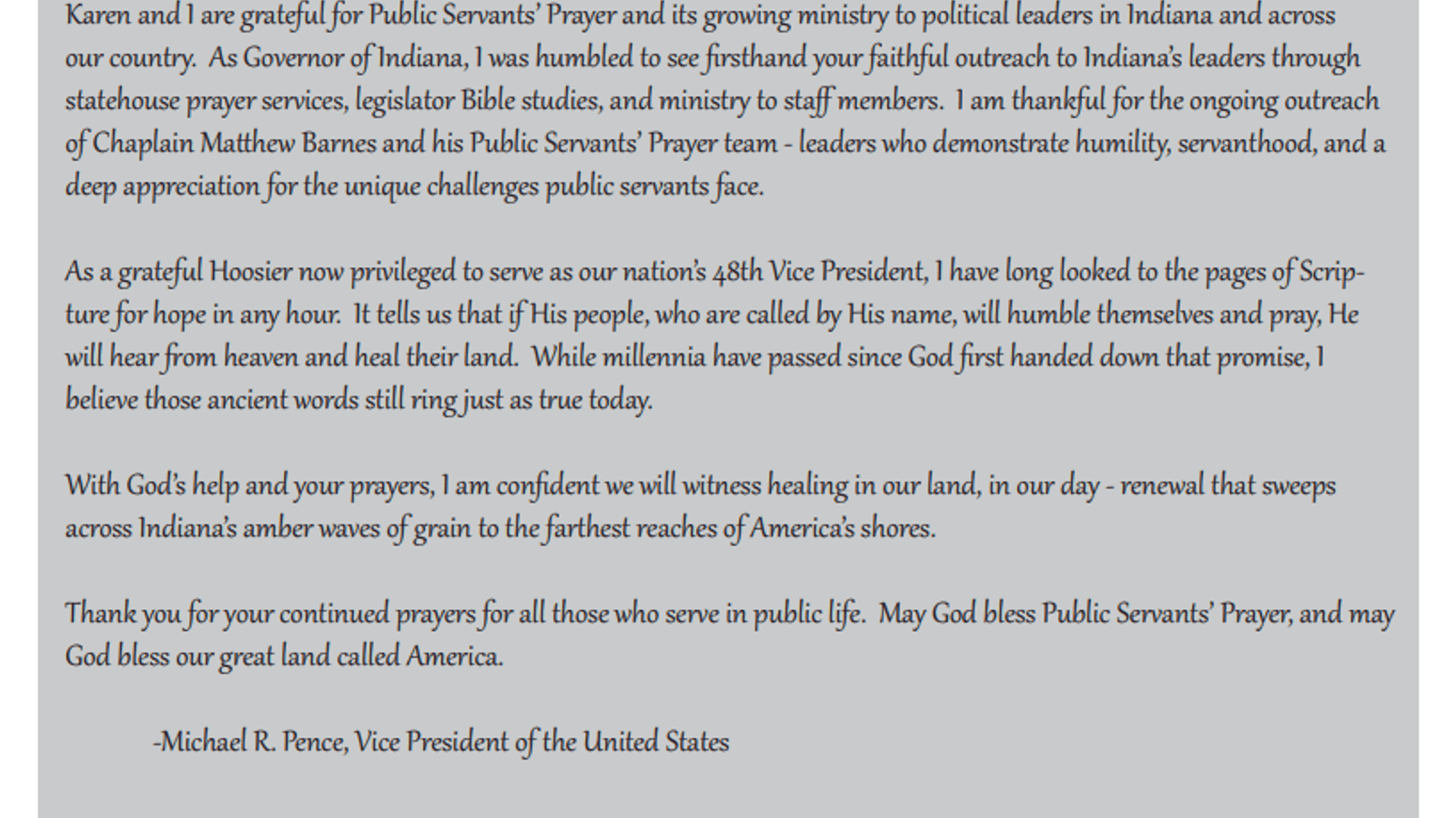 A Letter from Vice President Mike Pence